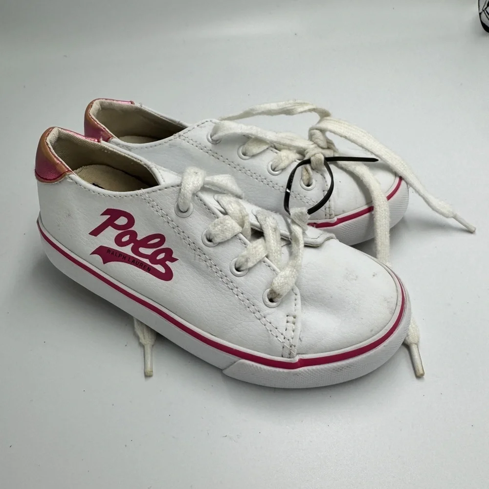 Polo by Ralph Lauren Toddler Girl Size 10 Kids White Sneakers with Pink Accents - Picture 3 of 11